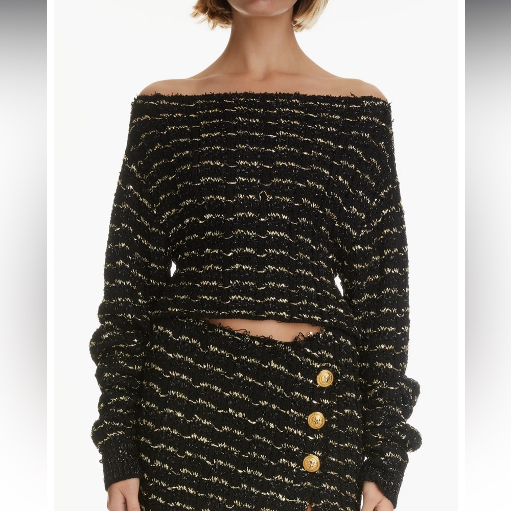 Balmain Off the Shoulder Metallic Tweed Cropped Sweater size 42 | 8
